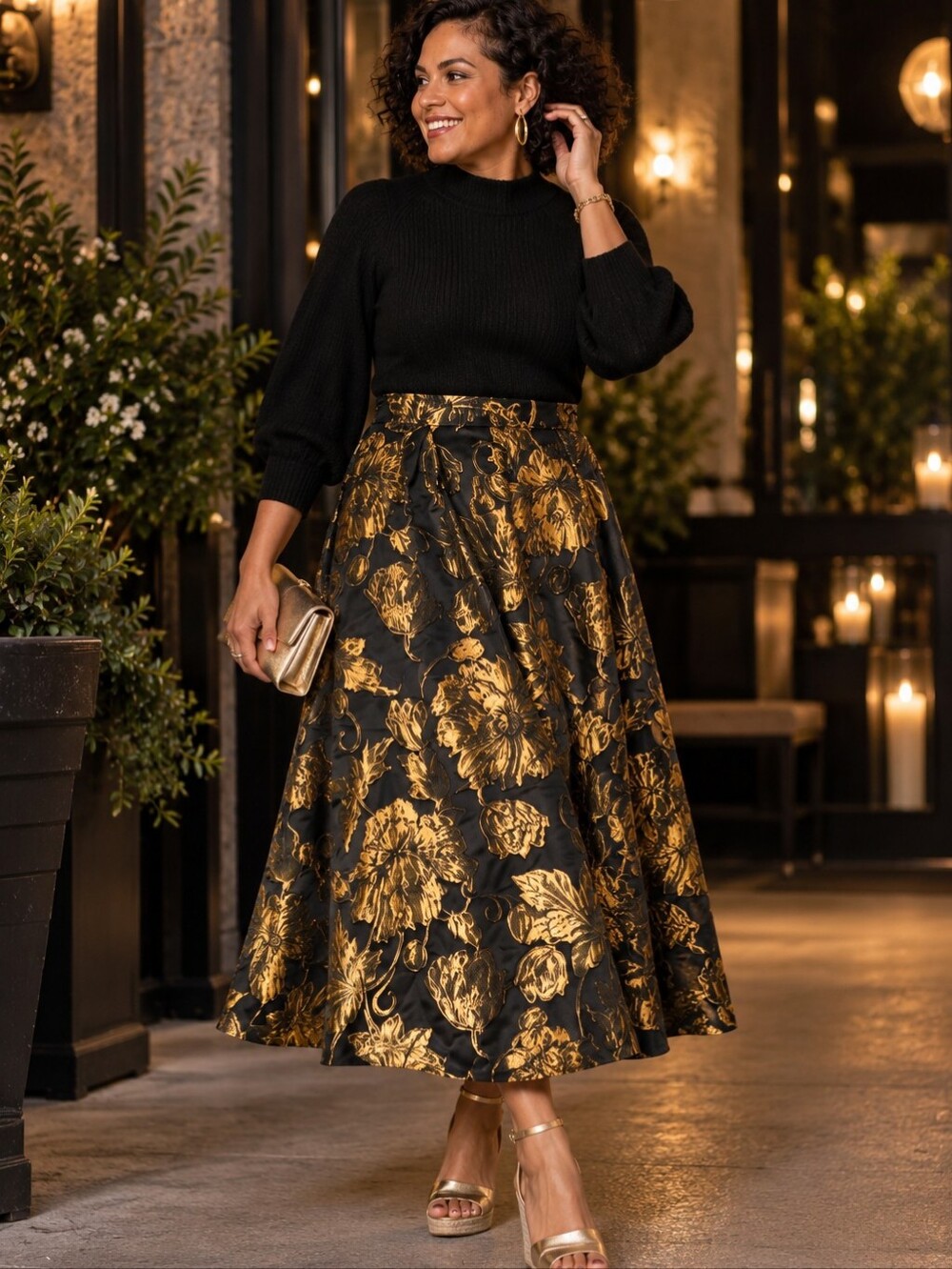 AKIRA Black Skirt with Gold Floral Brocade